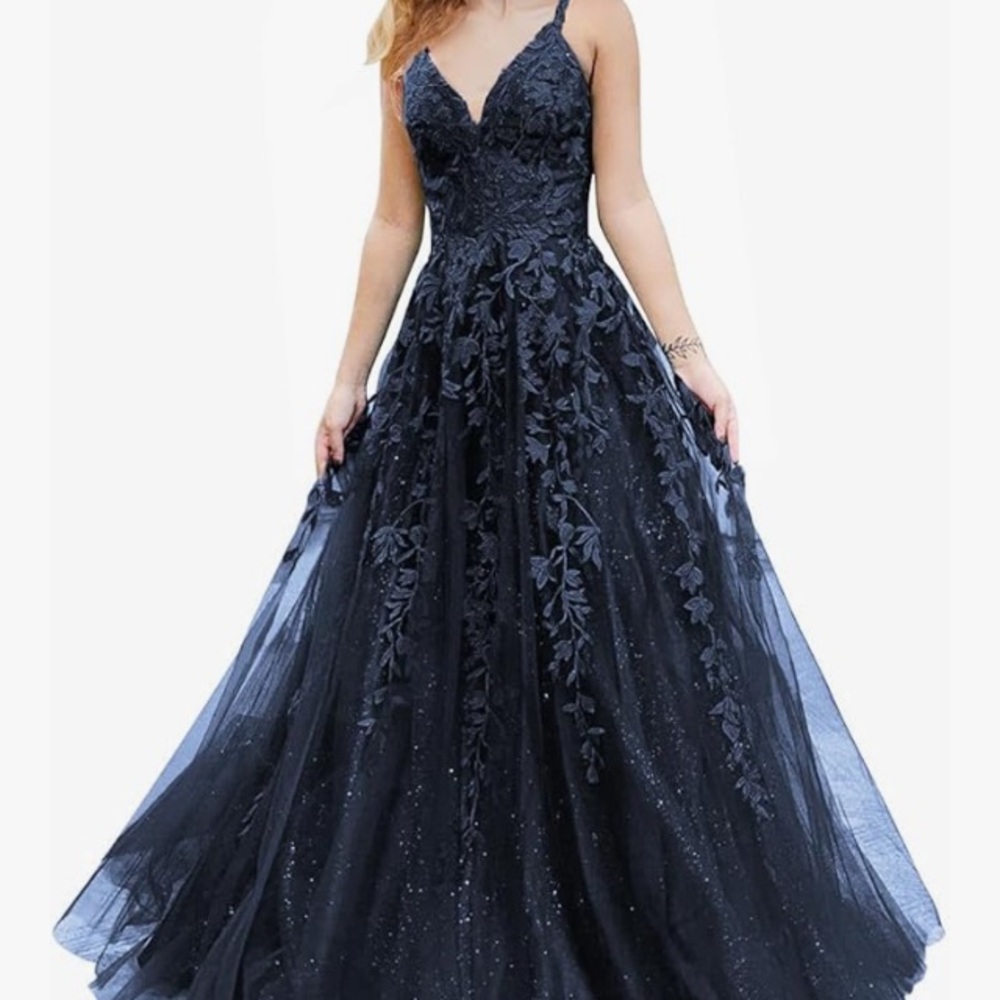 Midnight Blue Floral Lace Prom Dress
